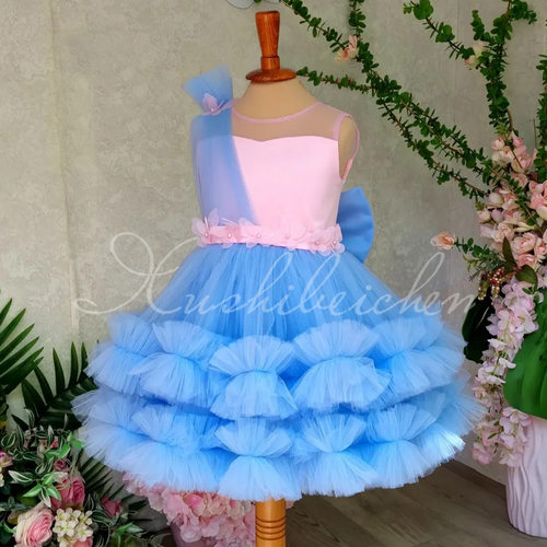 Princess Dress女童无袖礼服新款中小童花朵蛋糕公主裙子蓝色网纱