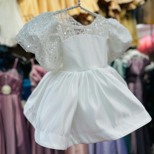 Children Dress女童周岁礼服纯色亮片演出服宝宝泡泡袖公主蓬蓬裙