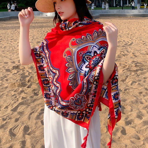 夏季棉麻民族风旅游丝巾防晒围巾空调大披肩女海边度假沙滩巾披肩