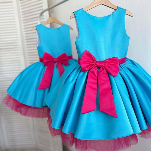 princess dress儿童礼服无袖圆领蓝色缎面简约蝴蝶结公主裙子