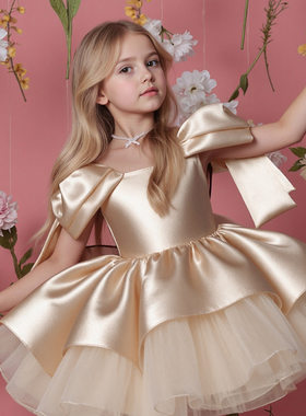 跨境女童网纱公主裙生日宴会礼服钢琴主持演出服装洋气连衣裙
