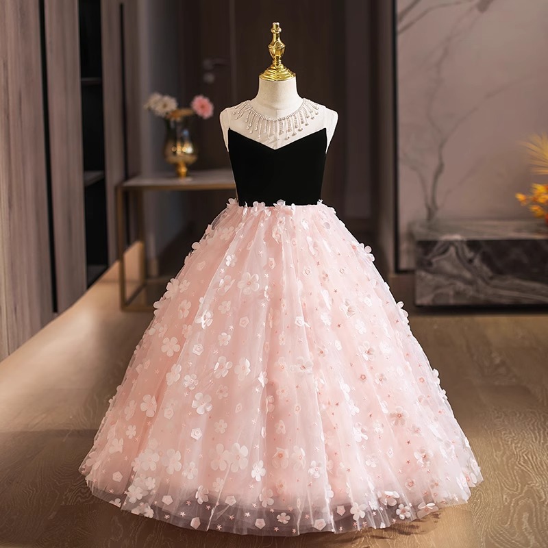 女童礼服儿童走秀钢琴演奏粉色花朵生日宴公主蓬蓬裙小主持人