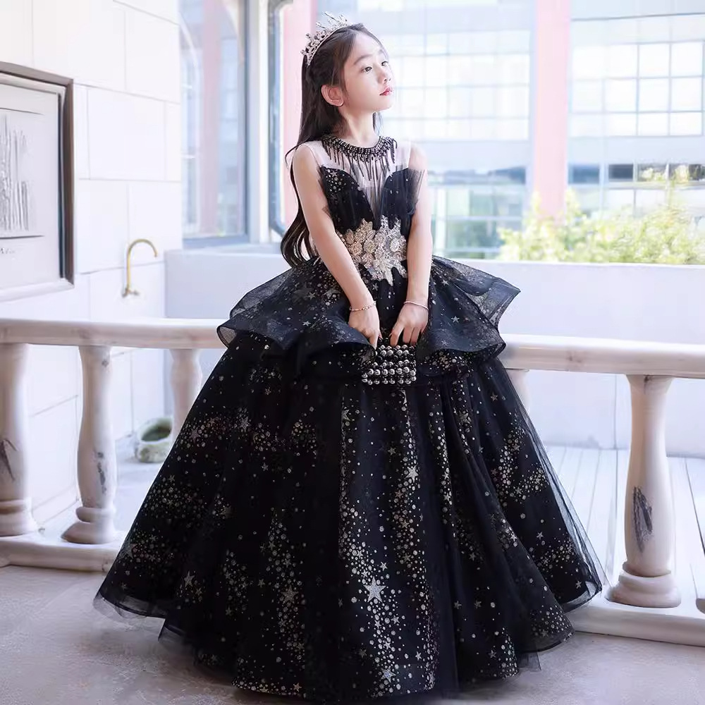 晚礼服女童气质公主裙夏季黑色儿童小主持人走秀钢琴演奏演出服