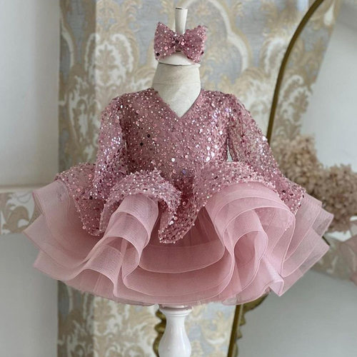 princess dress女童公主裙粉色亮片蓬蓬裙子长袖儿童礼服跨境