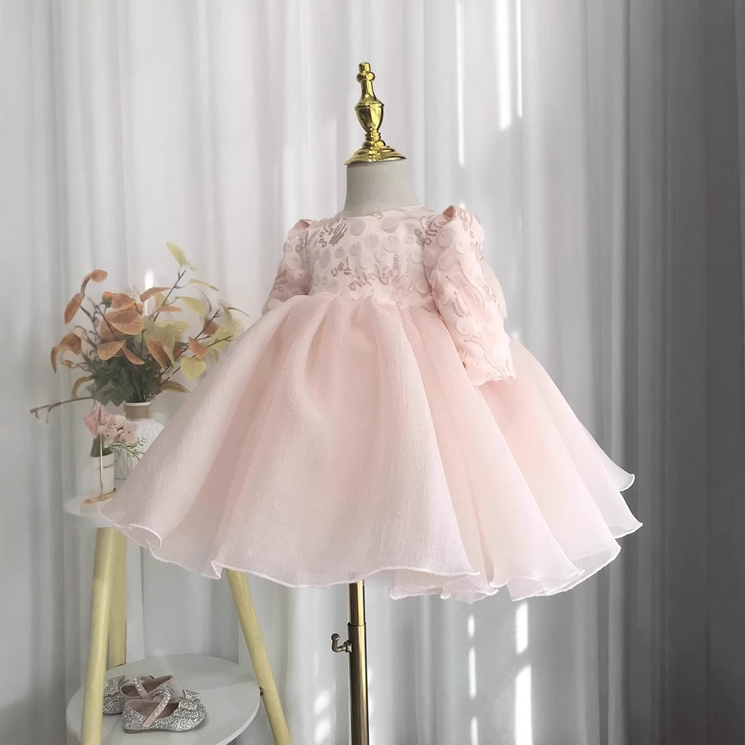 周岁礼服女韩版婴儿生日婚纱洋气花童公主裙蓬蓬纱长袖秋