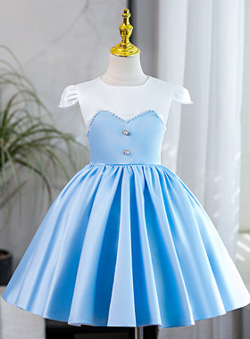 儿童礼服公主裙女童小主持人生日蓝色缎面蓬蓬裙Children's dress