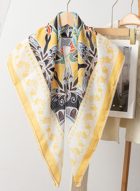 新款波西米亚风图腾复古黄色数码印花平纹棉麻手感卷边90cm大方巾