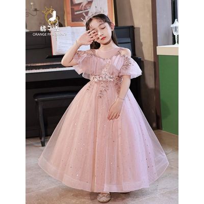 儿童主持人生日公主裙女童钢琴演出服粉色花童婚礼小女孩礼服秋季