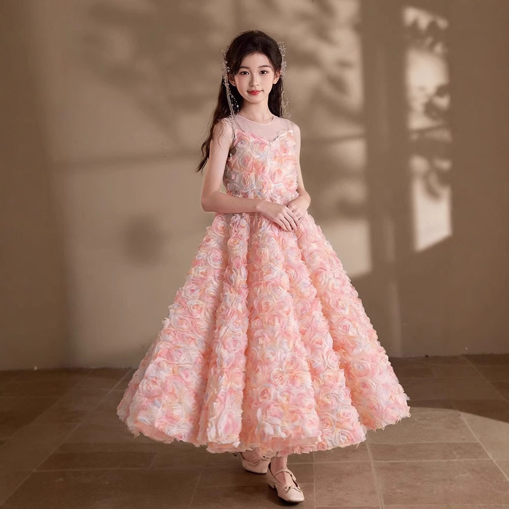 儿童粉色公主裙立体花朵设计礼服大提琴钢琴演出服女童走秀蓬蓬裙