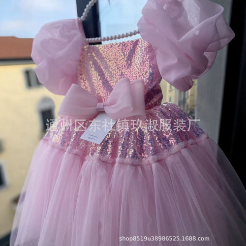 2026新款花童婚礼礼服儿童泡泡袖公主裙女童主持人演出服无