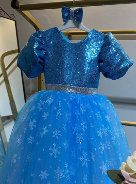 Princess女童蓝色亮片礼服2026新款蓬蓬网纱裙儿童泡泡袖公主裙子