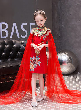 儿童礼服红色国潮中国风古筝演出服女童模特走秀晚礼服裙子