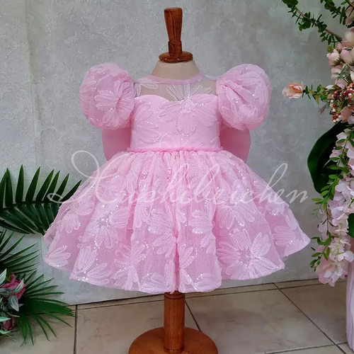 粉色泡泡袖公主裙花朵粉色中小童蓬蓬裙一周岁礼服Princess Dress