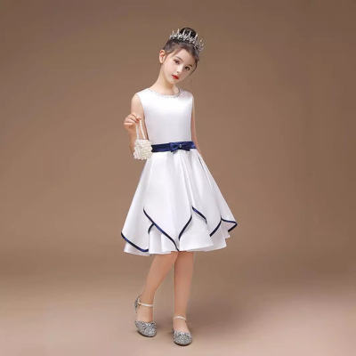 女童白色蓝边钢琴晚礼服演奏服气质裙短款儿童花童简约走秀演出服