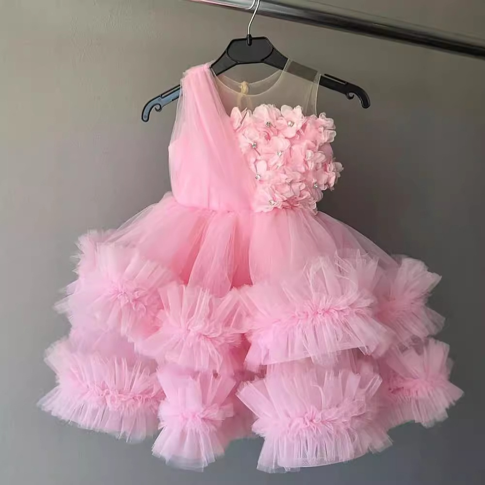 秋季新款外贸儿童礼服仙女蓬蓬纱公主裙粉色立体花朵baby dress