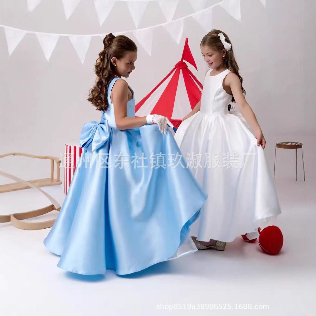 公主花童婚礼礼服缎面香槟短袖蓬松闪亮蝴蝶结儿童新年生日派对礼