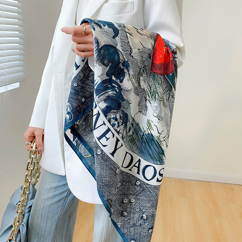 2025秋季新款90大方巾女优雅韩版斜纹绸洋气图腾印花丝巾装饰领巾