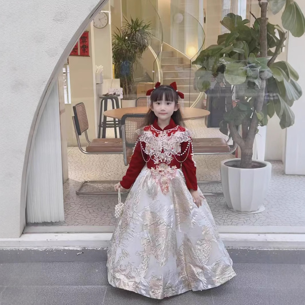 新中式儿童礼服小众轻奢生日女童旗袍晚礼服长袖连衣裙表演服