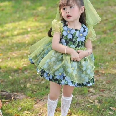 儿童礼服女童公主裙2025新款小女孩绿色模特走秀钢琴演奏演出服夏