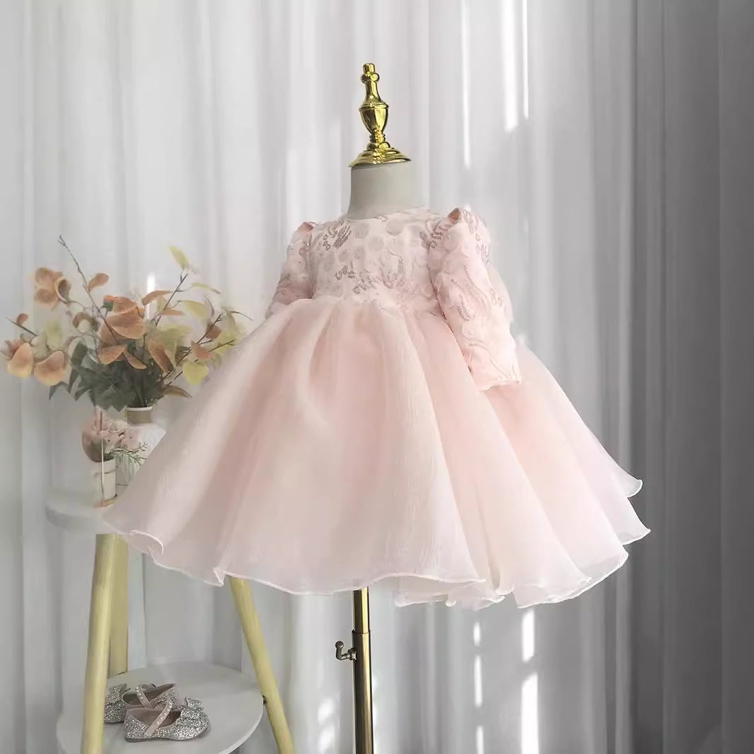 宝宝周岁礼服女韩版婴儿生日婚纱洋气花童蓬蓬纱长袖公主裙