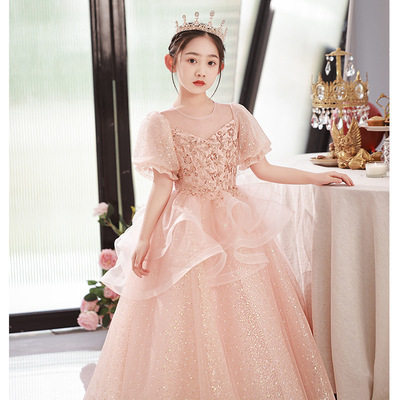 女童礼服儿童公主裙粉色花童婚礼小女孩主持人钢琴演奏演出服