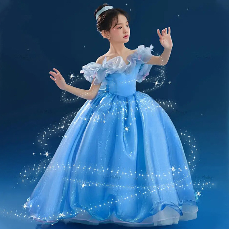 儿童礼服公主裙灰姑娘女童钢琴小主持人演出服生日洋气露肩蓬蓬裙