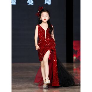 儿童晚礼服新款红色亮片女童模特走秀小女孩中大童演出服