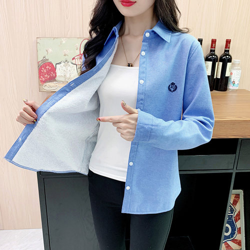 衬衫女新款2025年冬季加绒加厚韩版长袖保暖衬衣一体绒百搭打底衫