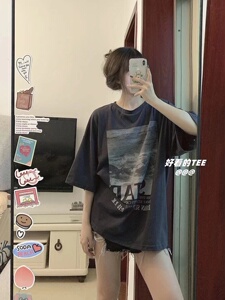 灰色短袖t恤女新款夏季宽松大码复古慵懒风ins潮下衣失踪半袖上衣