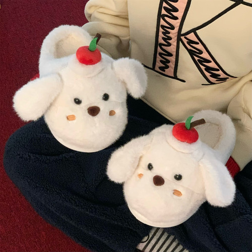 细细条防滑可爱苹果小狗棉拖鞋