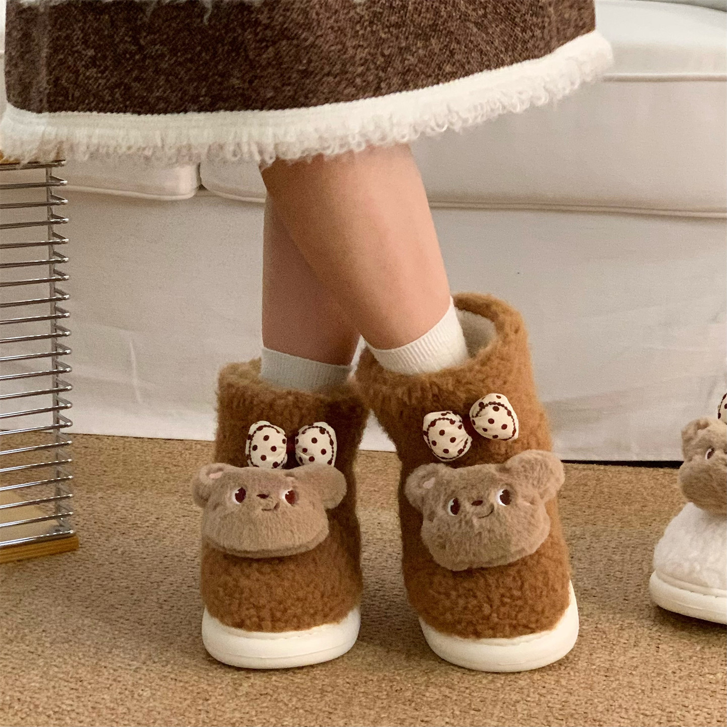 细细条少女心蝴蝶结小熊雪地靴