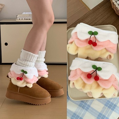 细细条甜美樱桃堆堆袜套女