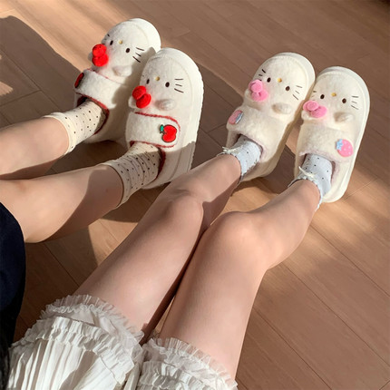 可爱防滑厚底正版HelloKitty猫魔术贴棉鞋女网红时尚加绒面包鞋冬
