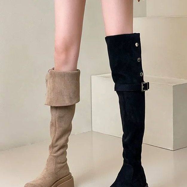 复古两穿翻折厚底长筒靴子女2025年秋冬季新款粗跟过膝骑士靴,女鞋,骑士靴,淘宝优惠券,粉丝福利购,淘宝优惠卷