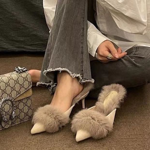 拖鞋 女包头水貂毛穆勒鞋 尖头毛毛保暖细跟高跟半拖鞋 秋冬2024新款