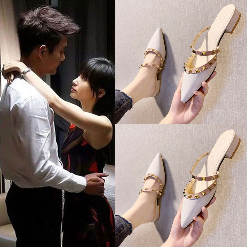 包头半拖鞋女外穿白色夏铆钉尖头凉拖平底粗跟一脚蹬穆勒中跟网红,女鞋,包头拖,淘宝优惠券,粉丝福利购,淘宝优惠卷