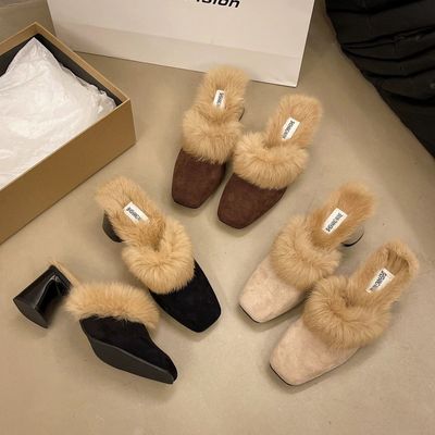 气质毛毛包头半拖鞋女外穿2025秋冬新款粗跟增高百搭一脚蹬穆勒鞋