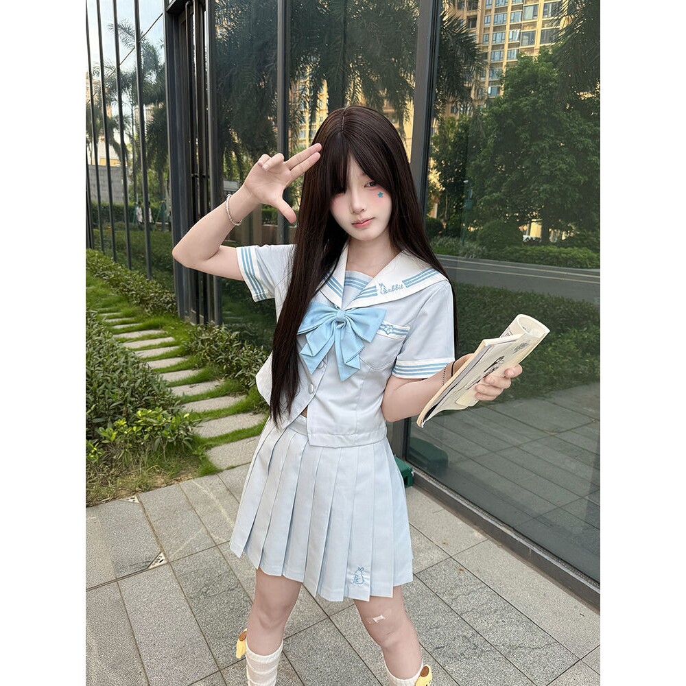 甜嗑原创【水萝兔】甜美短袖收腰JK制服新款水手服套装日系学院风
