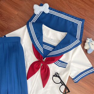 知半城正版jk日系学院风基础款水手服百褶裙套装宝蓝三本学生制服