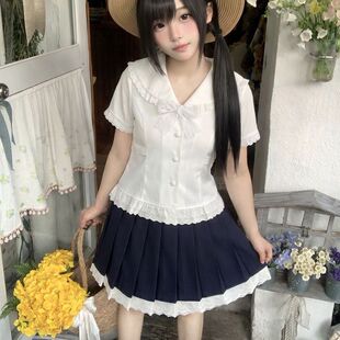 小布丁原创jk花蝶女子长袖学院风花边衬衫上衣波点裙格蕾系套装女