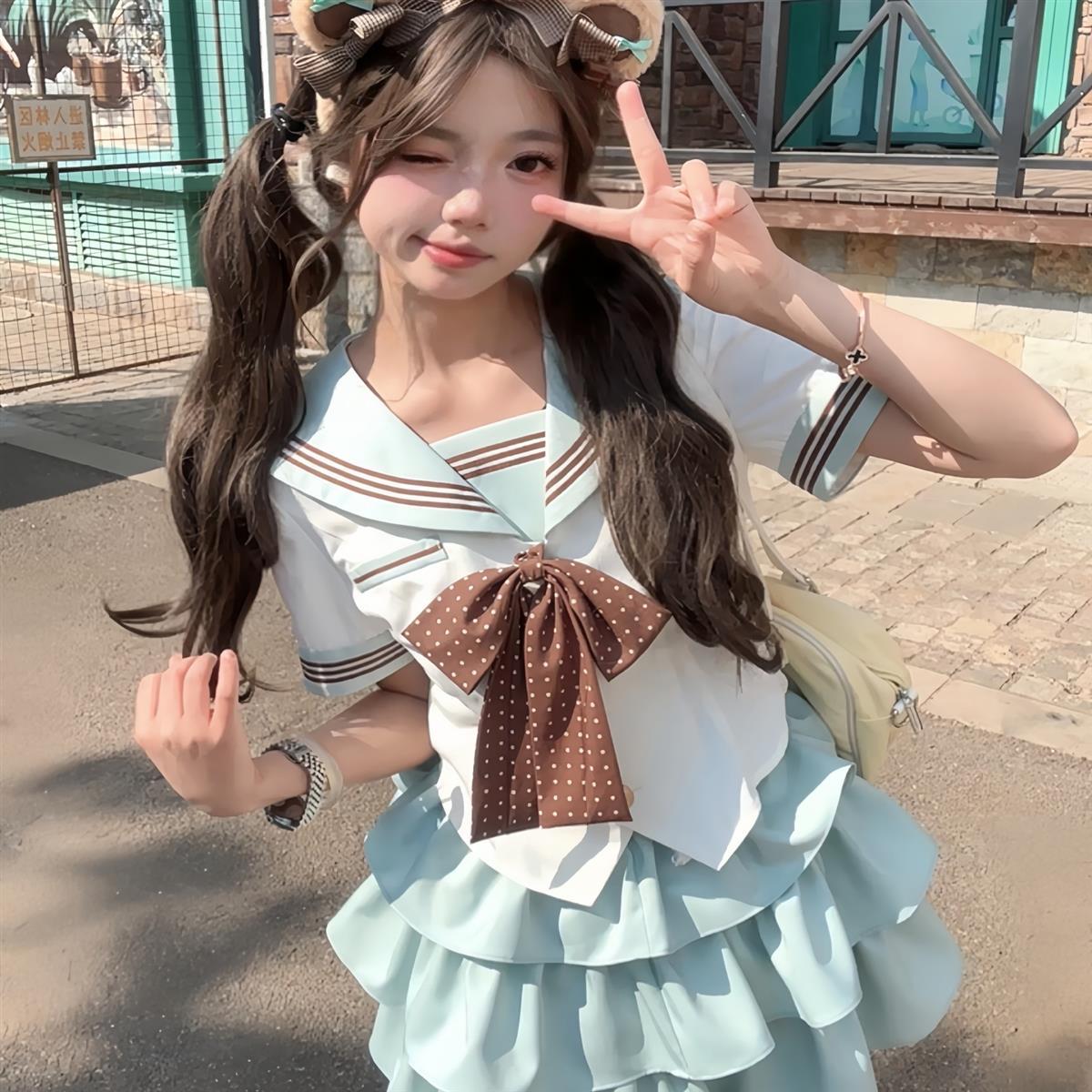 御茶家小巧莓夏日JK收腰水手服套装日系学院风校供制服百褶裙