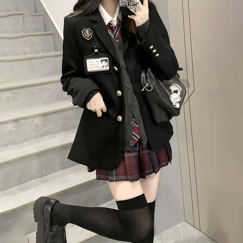 原创学院风jk制服格裙套装女秋冬款校供百褶短裙子开衫西服全套