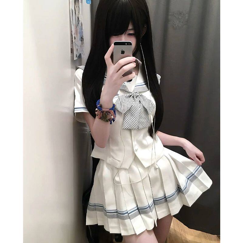 lulu制服馆小栀白色水手服女夏日系收腰jk制服套装学院风短袖上衣