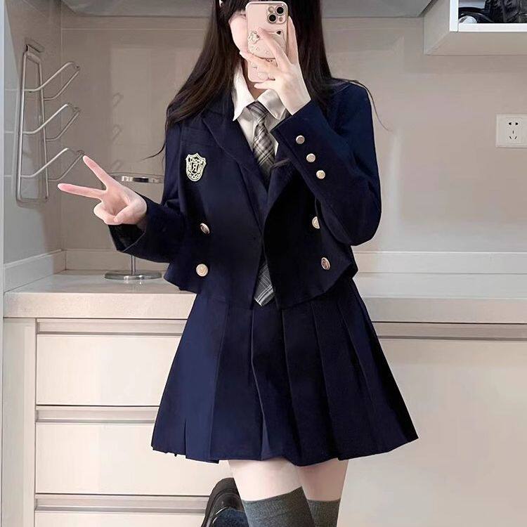 原创jk西装套装学院英伦风韩式黑色制服百褶裙双排扣短款西服外套