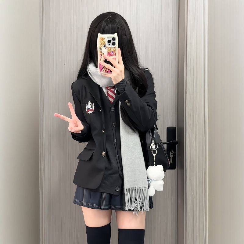 川町香JK西装外套女西服秋冬上衣日系修身学院风校供感制服三粒扣
