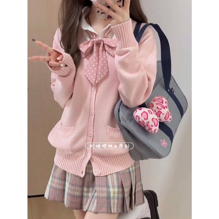 秋冬季针织开衫外套毛衣女纯色长袖宽松原创jk制服百褶裙短裙套装