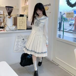 lulucake小栀长袖 日系白色学院风中间服女秋 水手服收腰jk制服套装