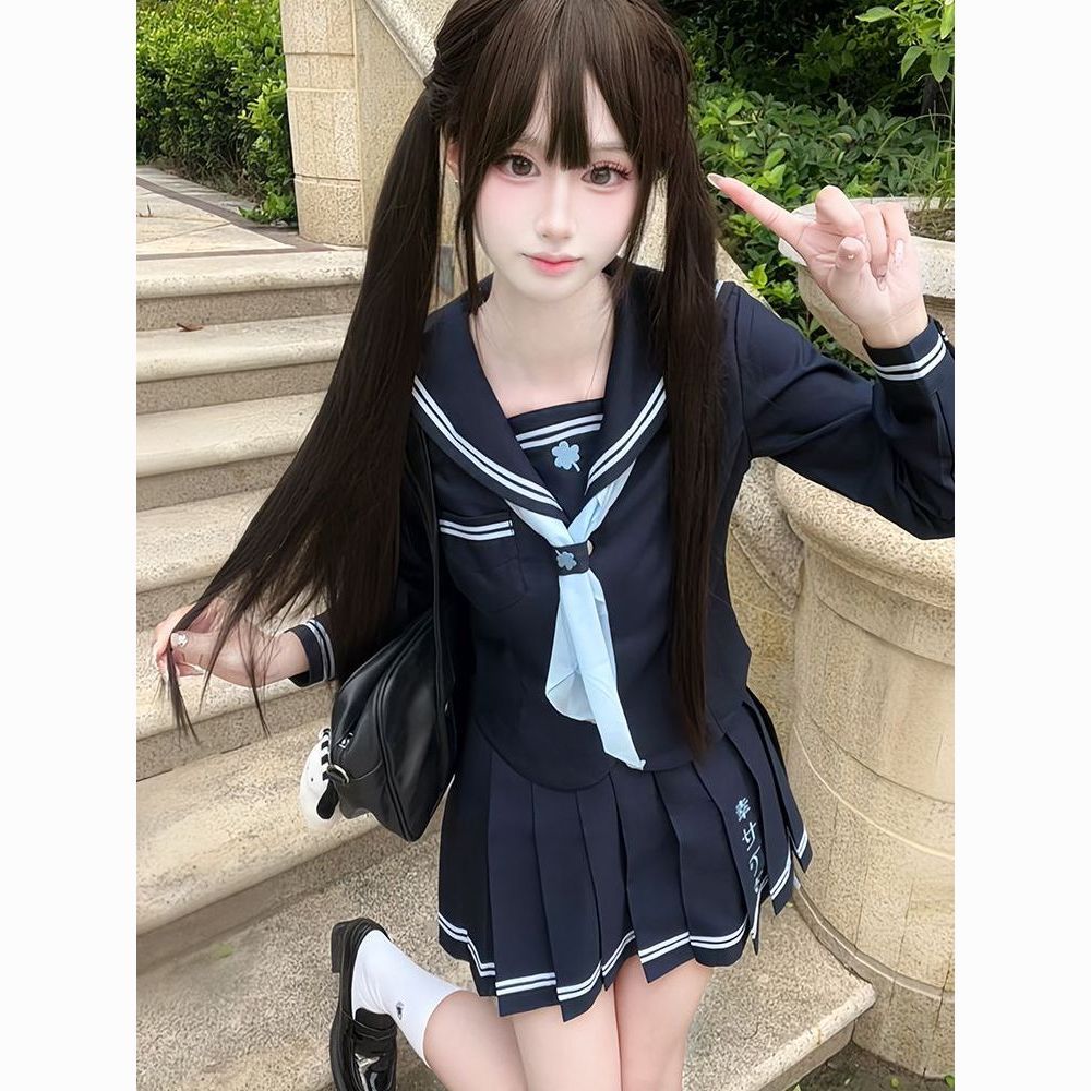 【叁叶町】三叶草刺绣JK水手服正版原创收腰学院风绀色百褶裙套装