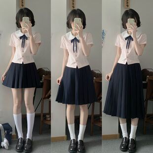 【椿日高衬衫】原创JK圆领学院风修身短袖夏季女百褶裙甜美套装