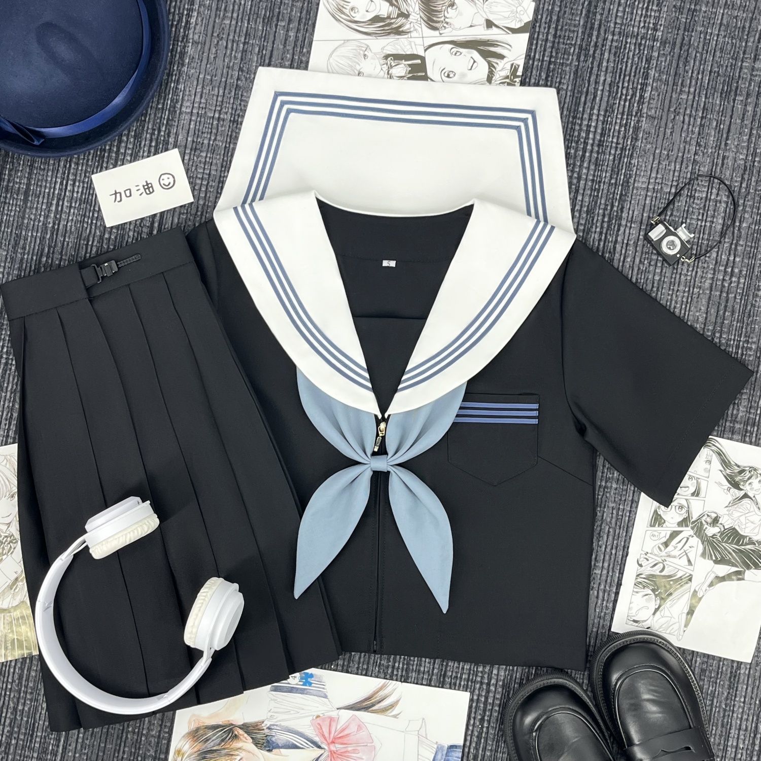 【大婶家】原创JK制服水手服黑身白领蓝三本日系春夏班服毕业服女
